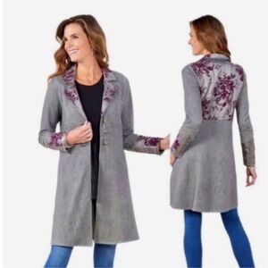 Soft Surroundings Embroidered Jacket Gray‎ Purple Floral Size PM